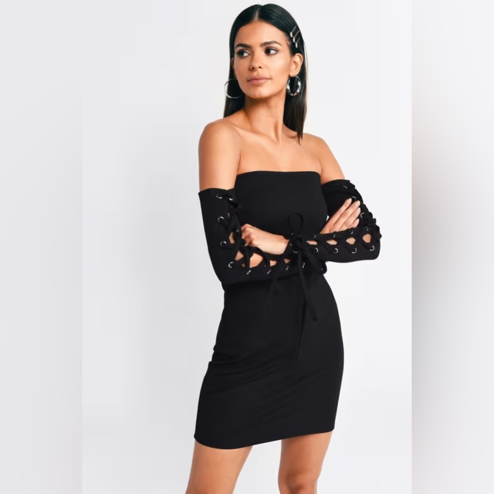 Tobi bodycon dress - black with off the shoulder tie up long sleeves, size small